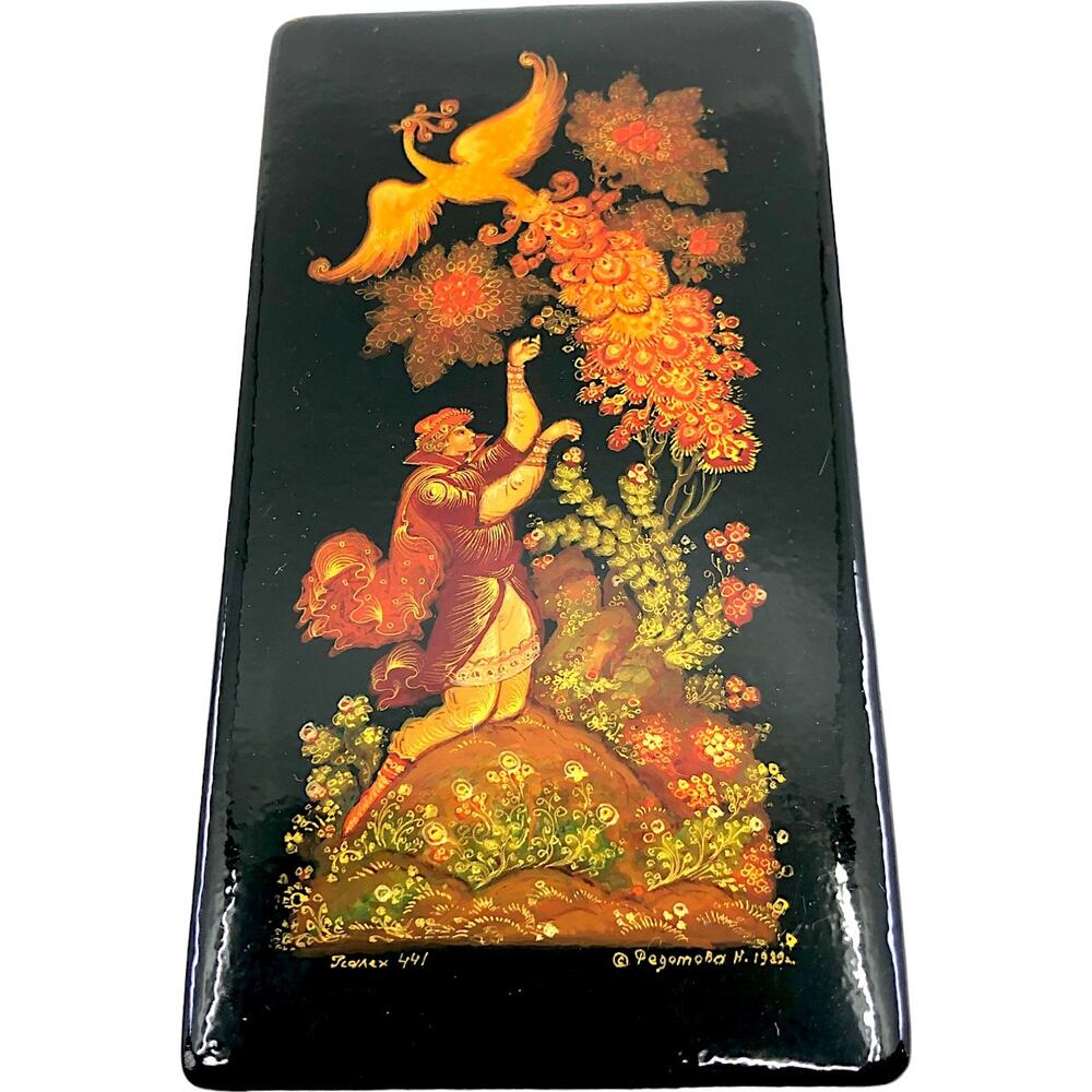 Handmade Russian Palekh Lacquer Painted Wooden Jewelry Box w/ Leaflet 1989